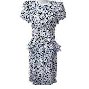 Petites for Maggy Vintage 80s Dress 2 Sheath Belt Ruffled 100% Rayon Blue Floral